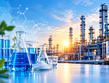 Blue Laboratory Glassware Over Industrial Refinery
