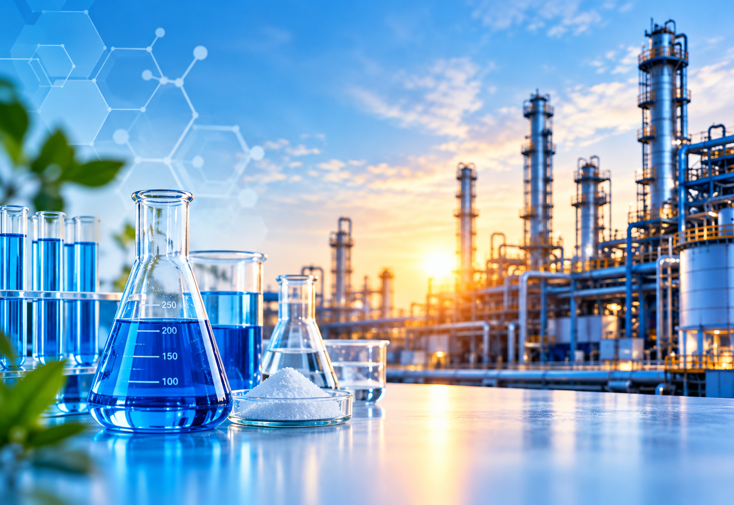 Blue Laboratory Glassware Over Industrial Refinery